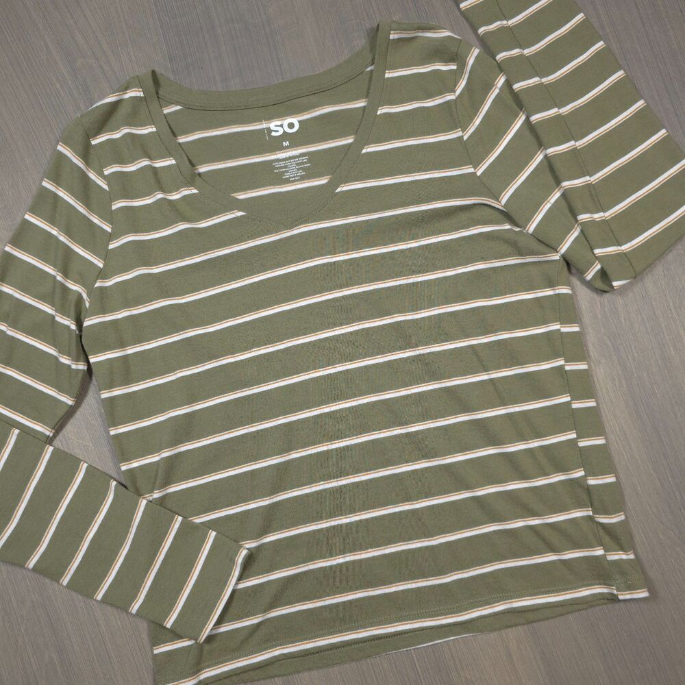 SO Olive Green Striped V-Neck Long Sleeve Shirt M